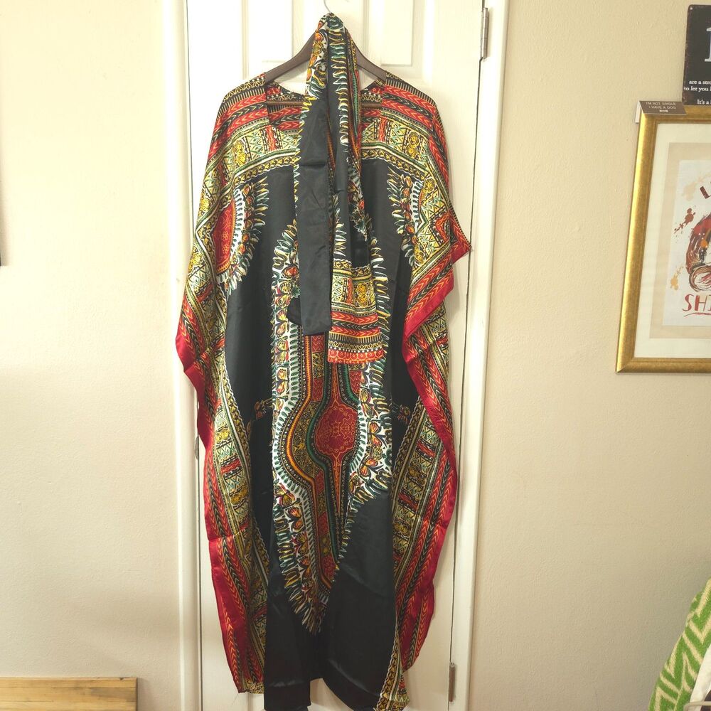 NWT Ashro Dashiki Caftan Maxi Dress Free Size Black Red Gold Scarf